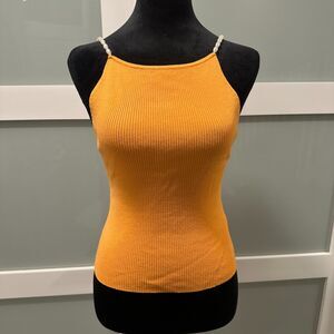 House of Harlow 1960 Pearl Strap Ribbed Knit Sweater Tank Top Orange Sz Medium M